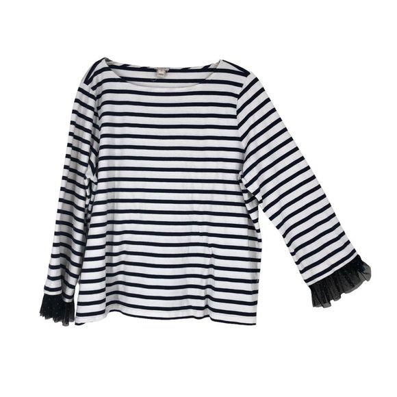J. Crew Black & White Striped Popover Blouse w/Sheer Blk Lace Cuffs, frilly XXL - Picture 1 of 7